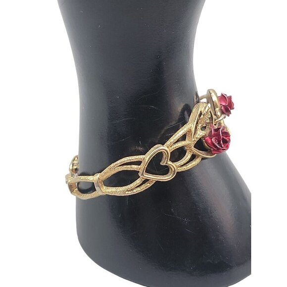 The Art of Beauty Cuff Bangle Bracelet Double Red Rose Buds Gold Tone Size 7 - Picture 7 of 16